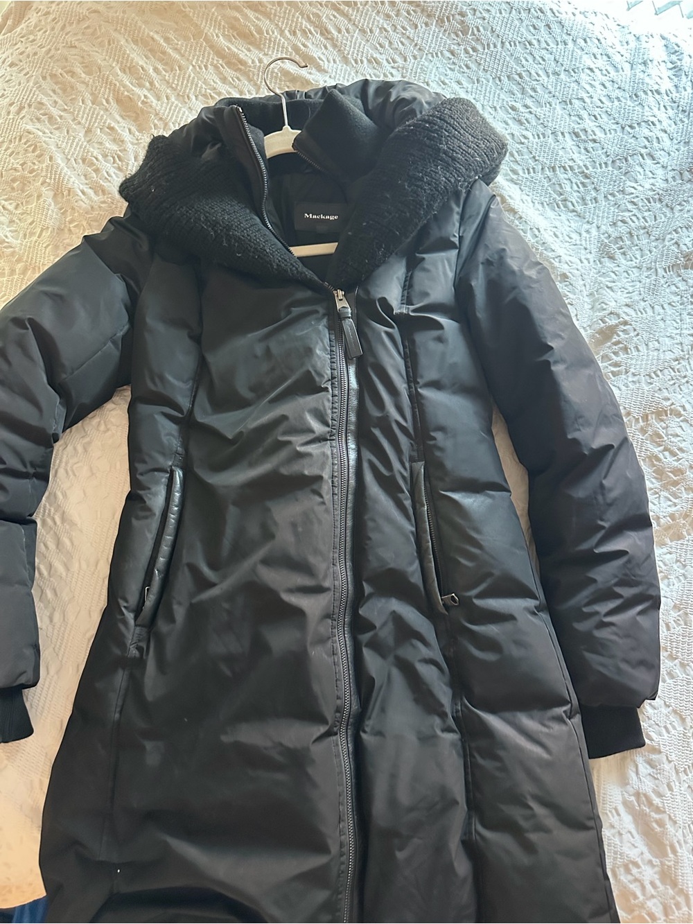 Mackage Black Long Women's Puffer Coat with Knit Collar